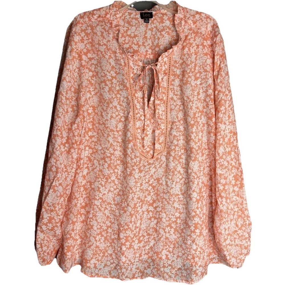 Lee Women's Shirt XL Orange Floral Coral Embellished Neck Tie Top Boho Blouse
